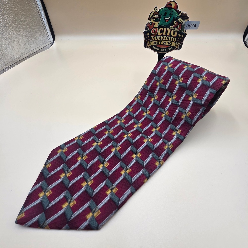 Harold Powell Mens Silk Tie Burgundy Grey Gold Geometric Abstract Made In Italy